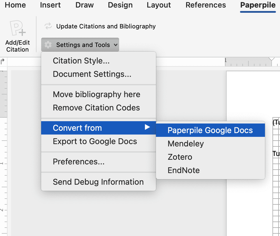 The Settings and Tools menu in Word’s Paperpile tab with “Convert from” highlighted and its submenu open on Paperpile Google Docs, above Mendeley, Zotero and EndNote.